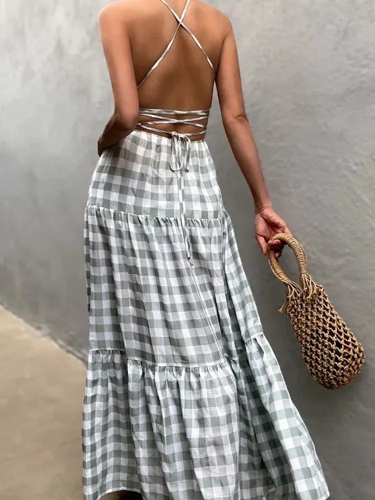 Girlary Fashion Bohemian Style Print Beach Dresses For Women Sleeveless Sexy Backless Maxi Sling A-line Dress Casual Party Vestidos 2024