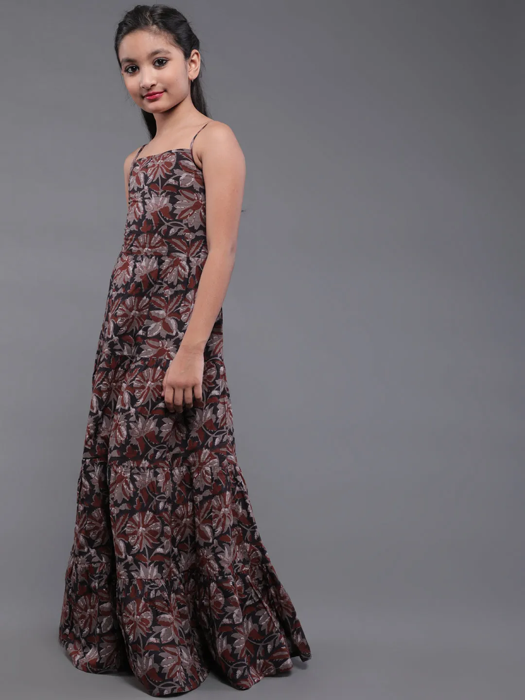 Girl's Brown & Black Floral Printed Flared Maxi Dress - Aks Girls