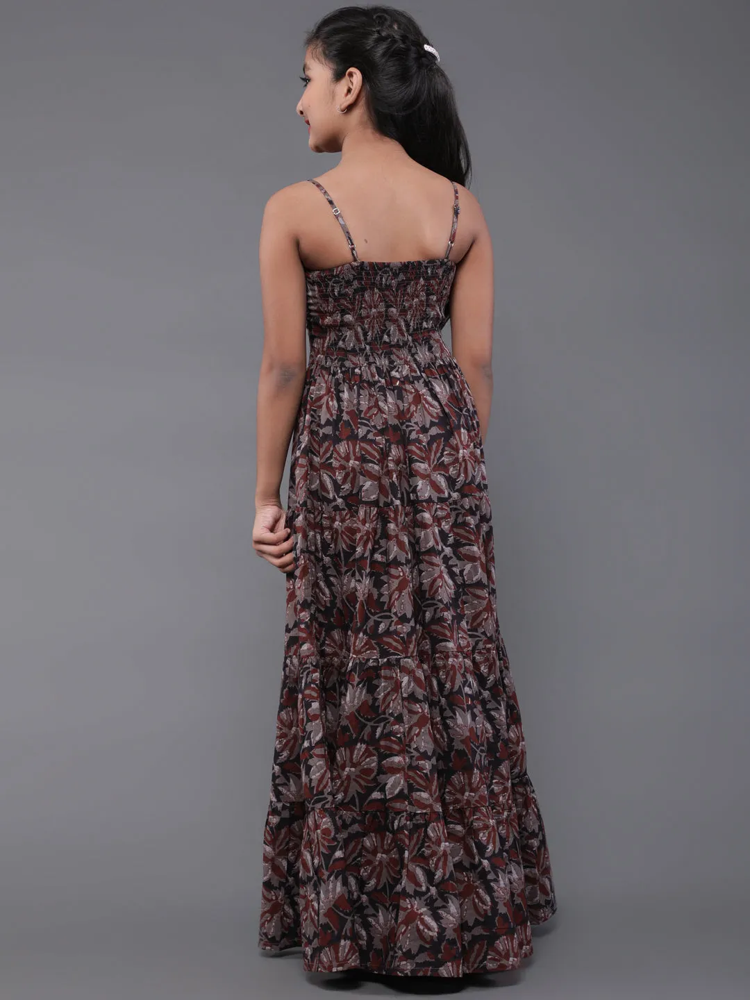 Girl's Brown & Black Floral Printed Flared Maxi Dress - Aks Girls