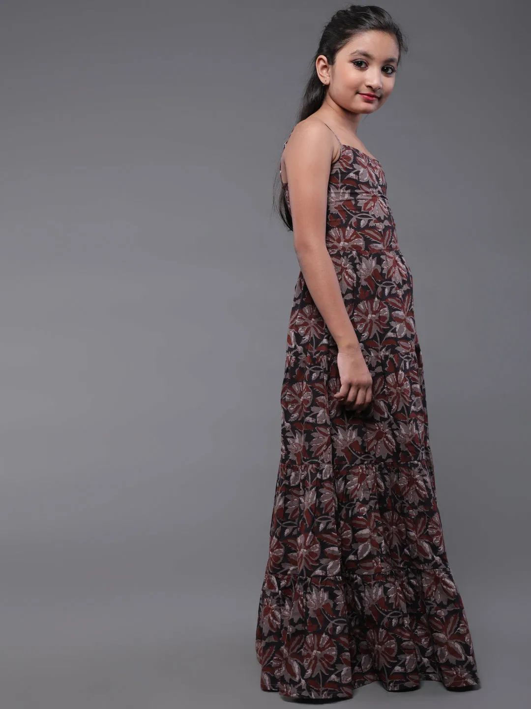 Girl's Brown & Black Floral Printed Flared Maxi Dress - Aks Girls