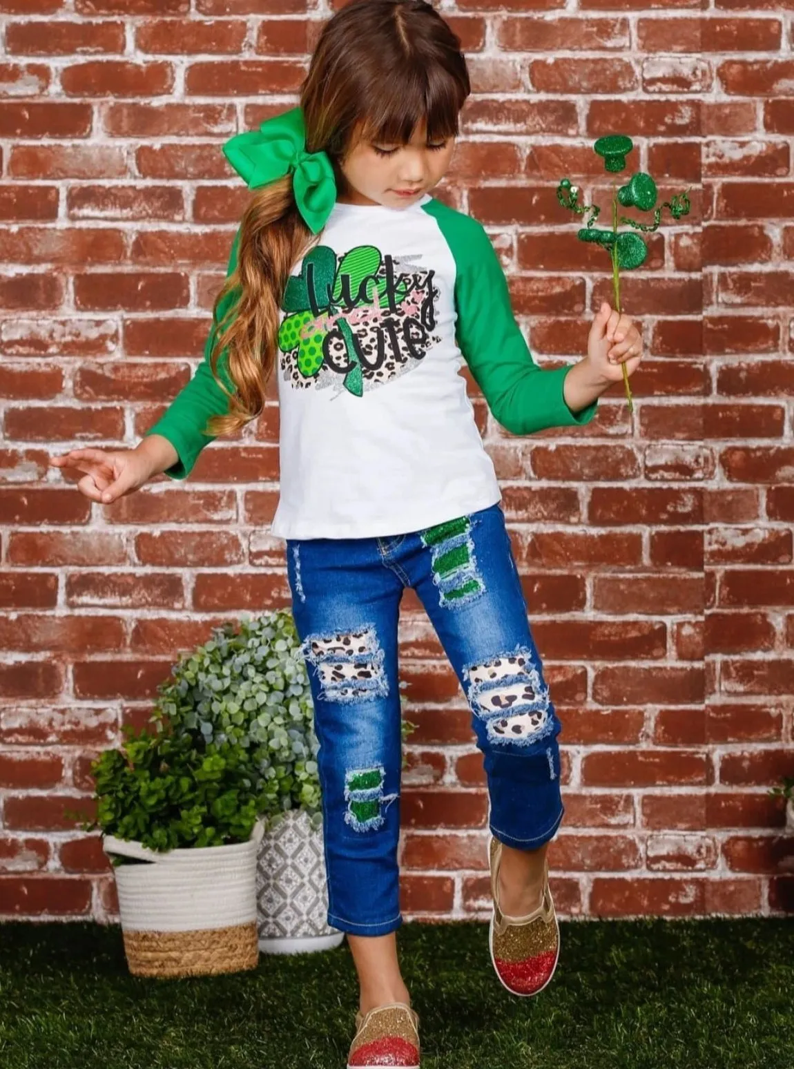 Girls "Lucky and Cute" Glitter Clover Top & Sequin Leopard Ripped Jeans Set