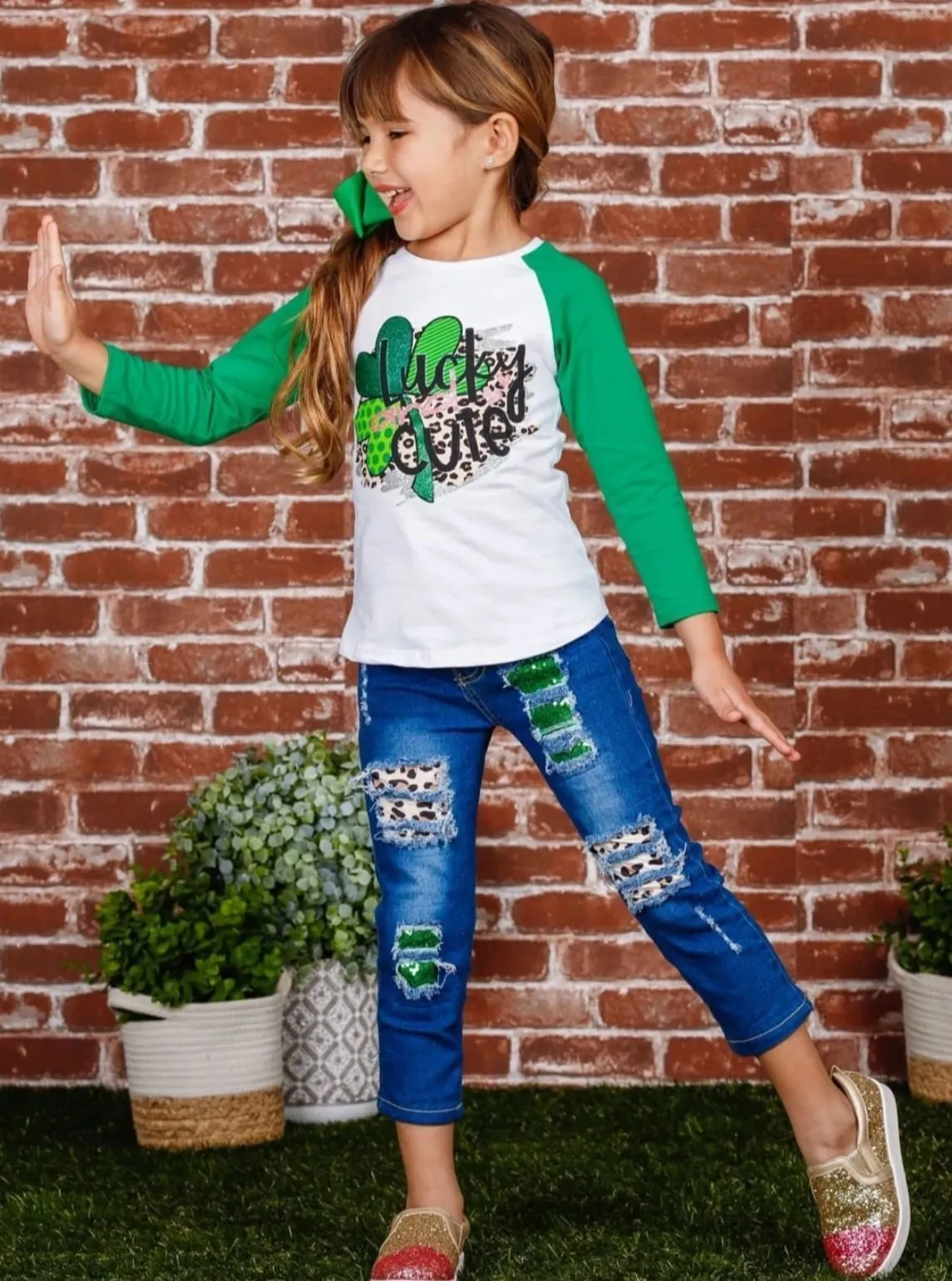 Girls "Lucky and Cute" Glitter Clover Top & Sequin Leopard Ripped Jeans Set