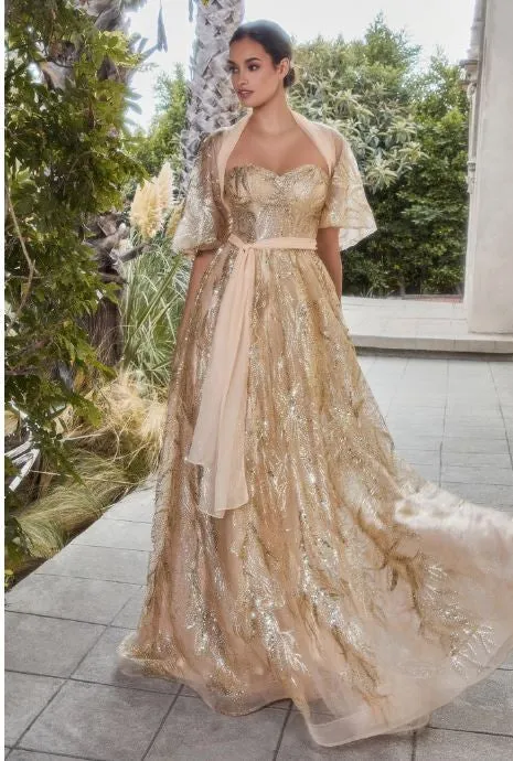 Gold Shimmer Leaf Motif Ball Gown With Matching Shawl