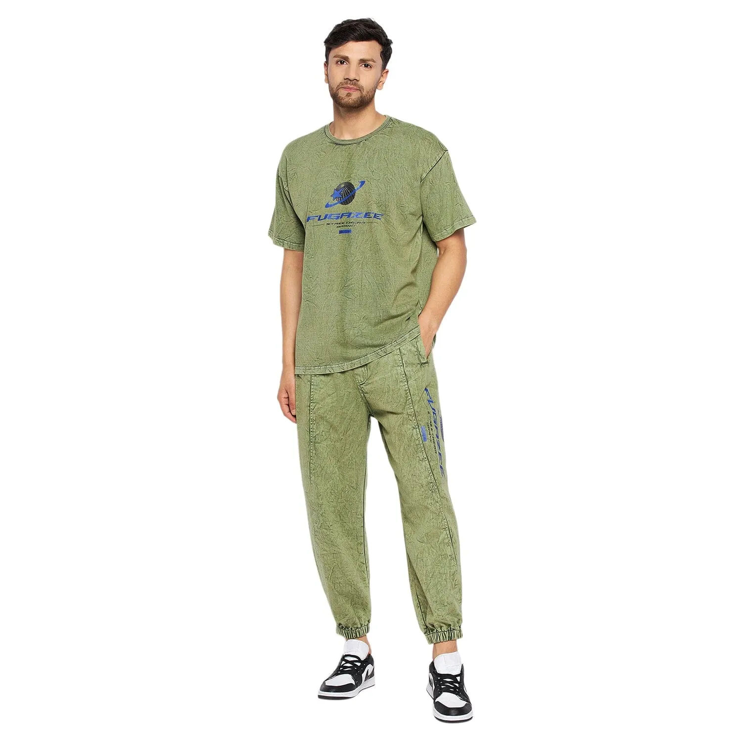 Green Acid Wash Tshirt and Trackpants Clothing Set