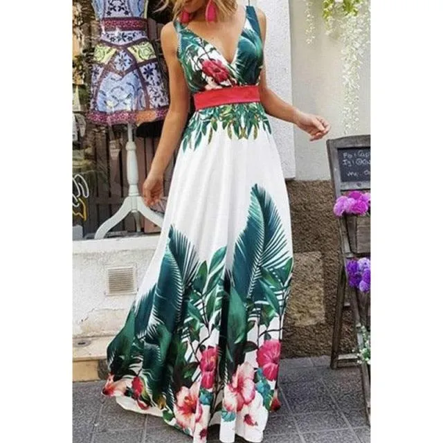 Green Floral Sleeveless Maxi Dress