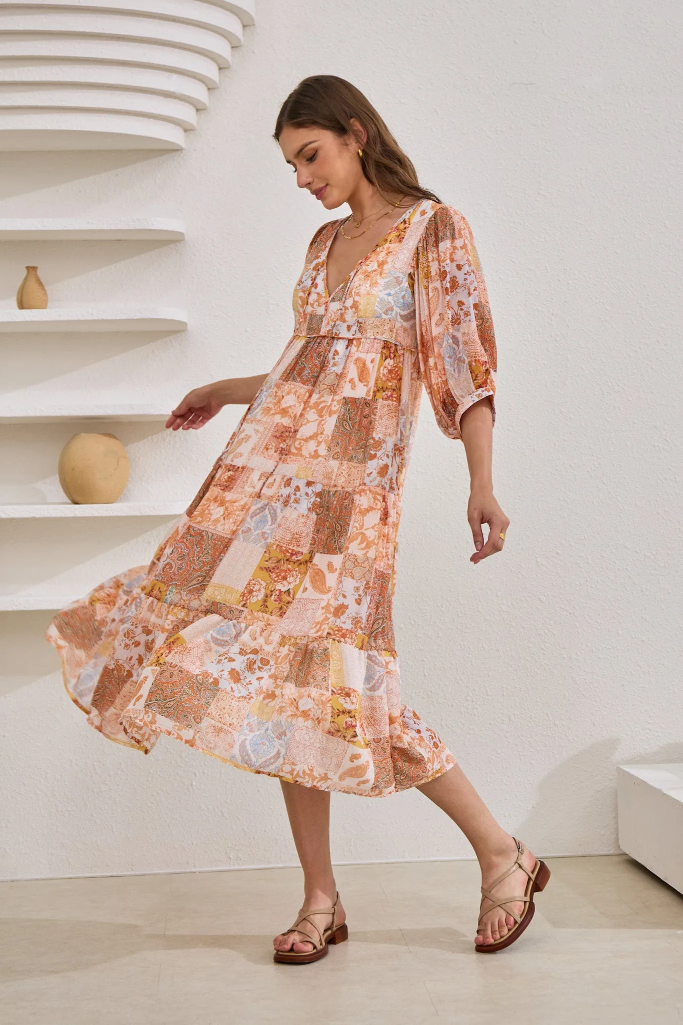 Hestia Orange Boho Patchwork Midi Dress