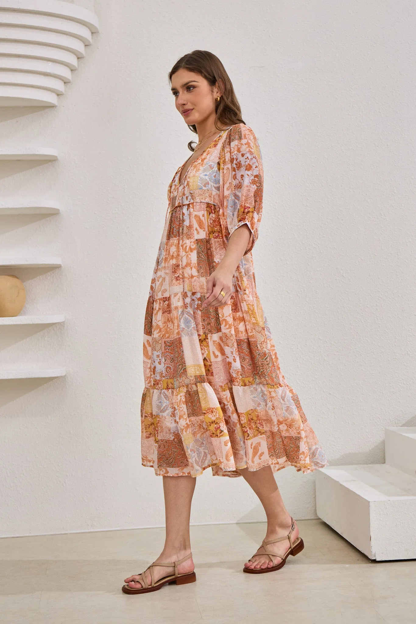 Hestia Orange Boho Patchwork Midi Dress