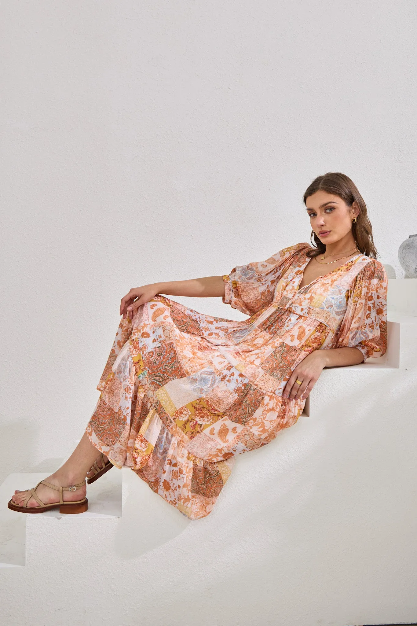 Hestia Orange Boho Patchwork Midi Dress