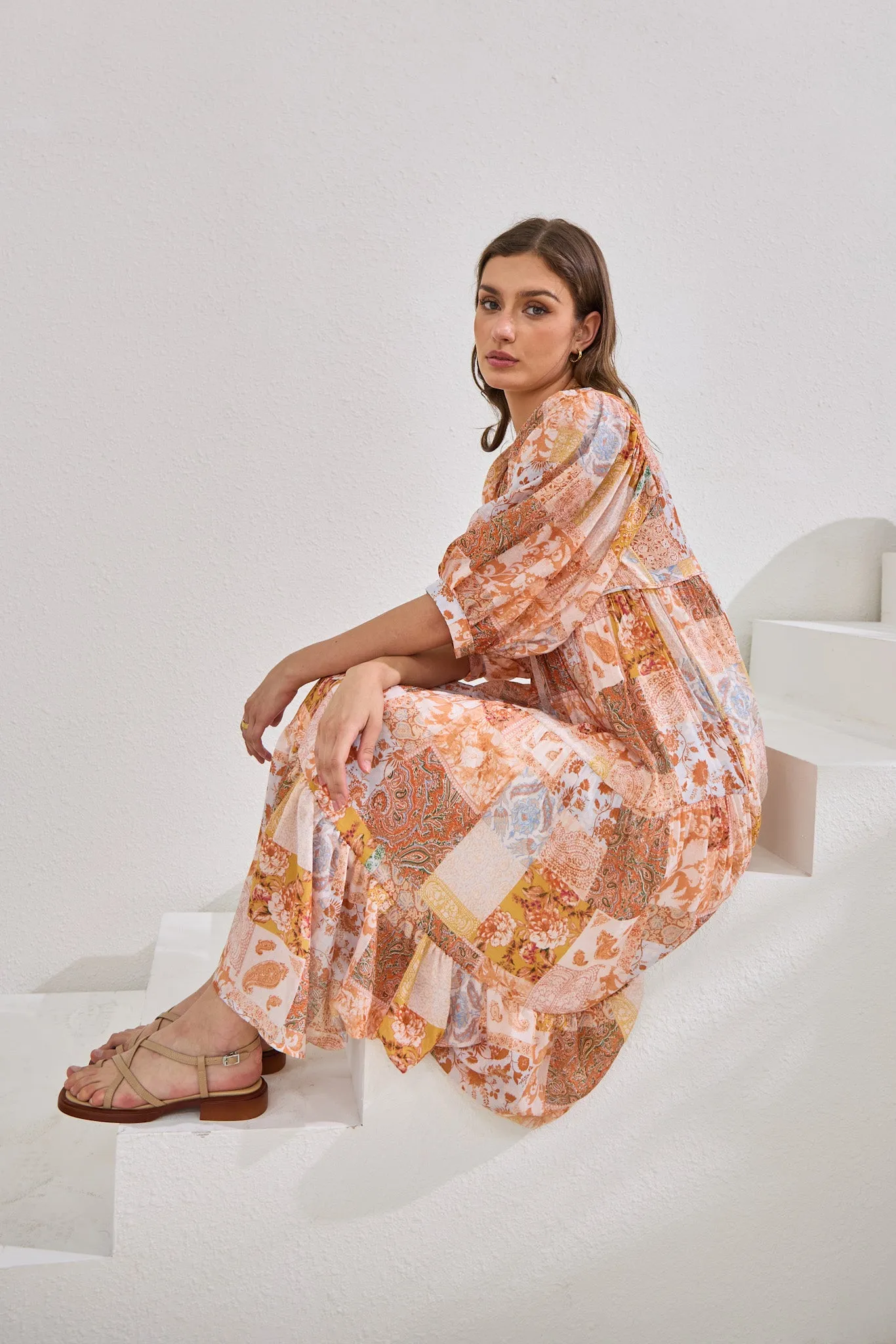 Hestia Orange Boho Patchwork Midi Dress