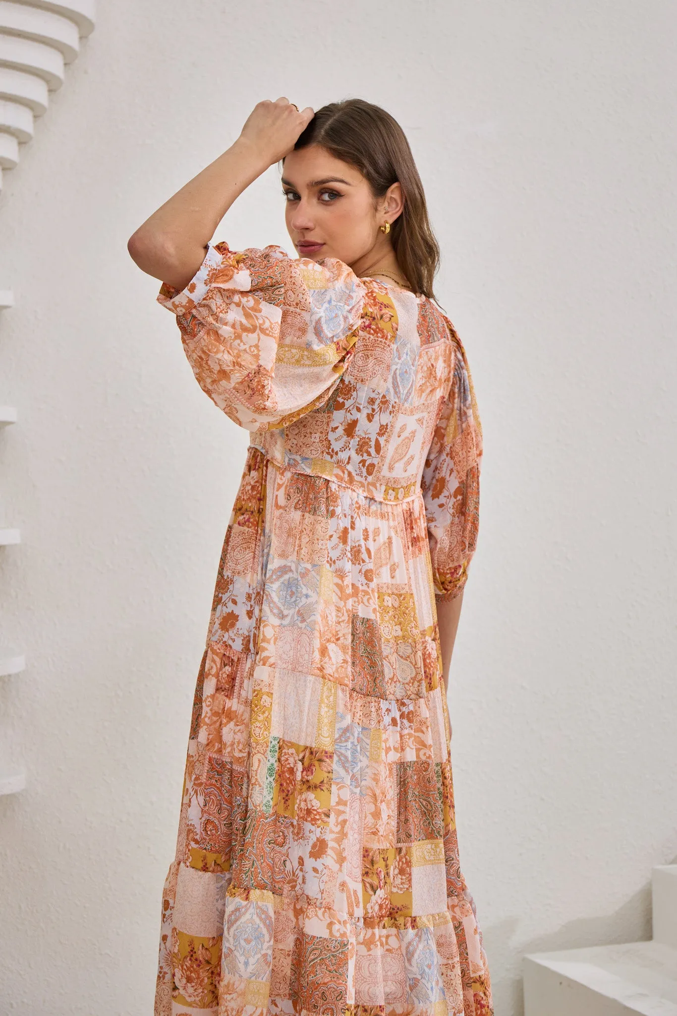 Hestia Orange Boho Patchwork Midi Dress