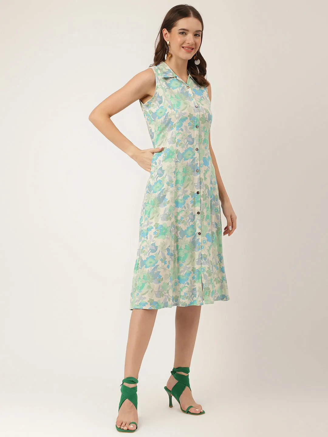 Jashvi Green Floral Print Rayon A-Line Midi Dress with Attached Sleeves for Women