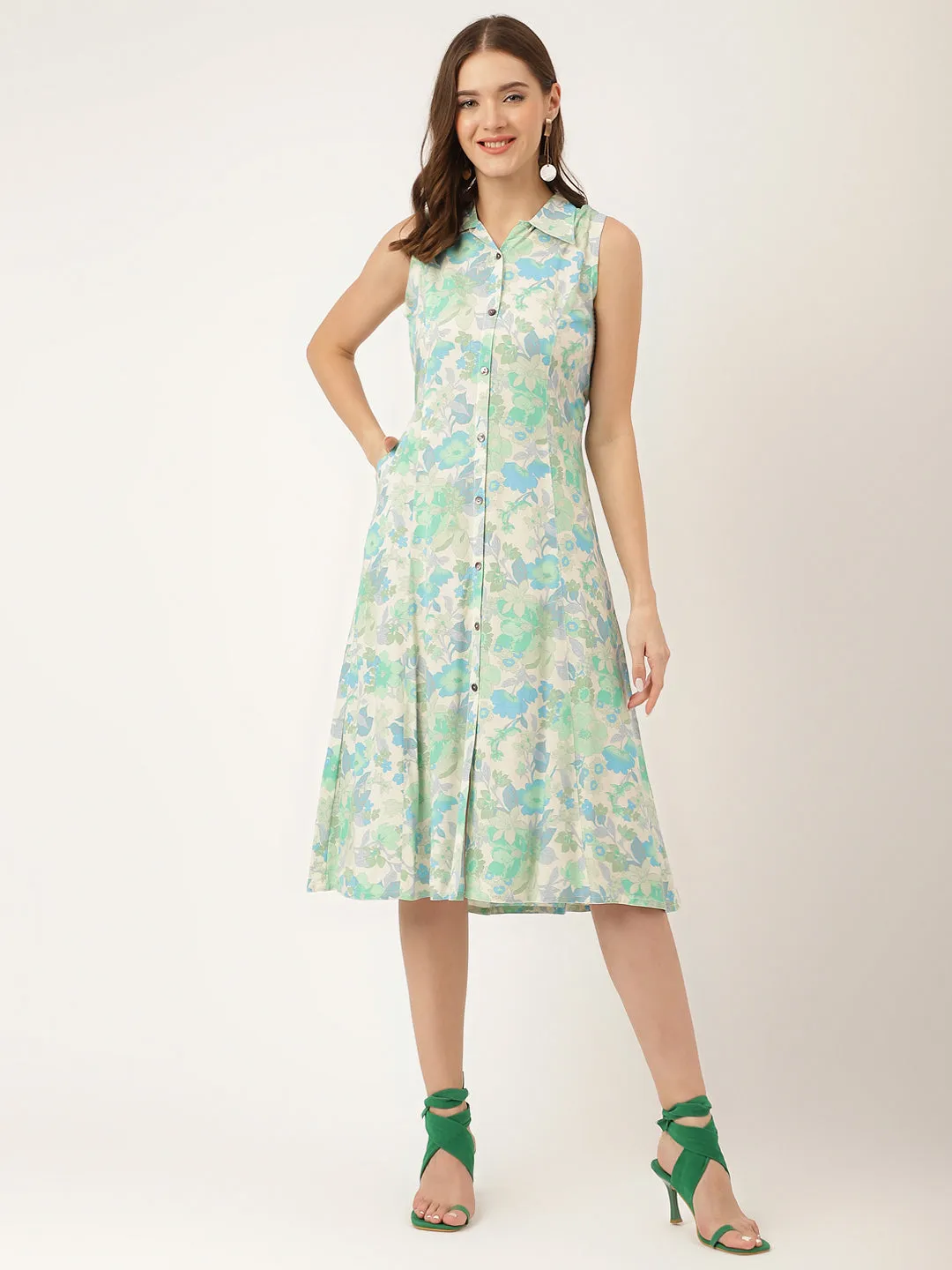 Jashvi Green Floral Print Rayon A-Line Midi Dress with Attached Sleeves for Women