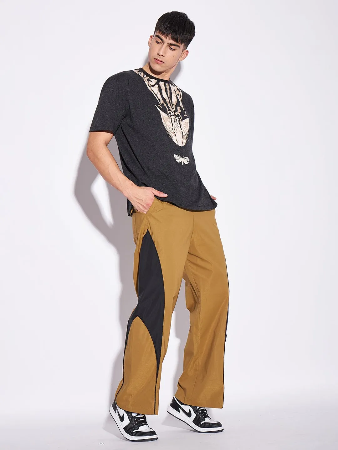 Khaki Colour Blocked Parachute Trackpants