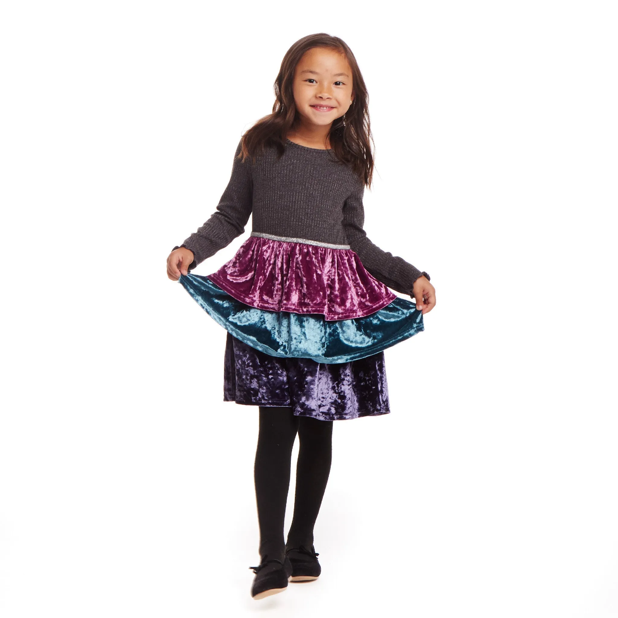 Kids Crushed Velvet Tiered Dress | Multicolor