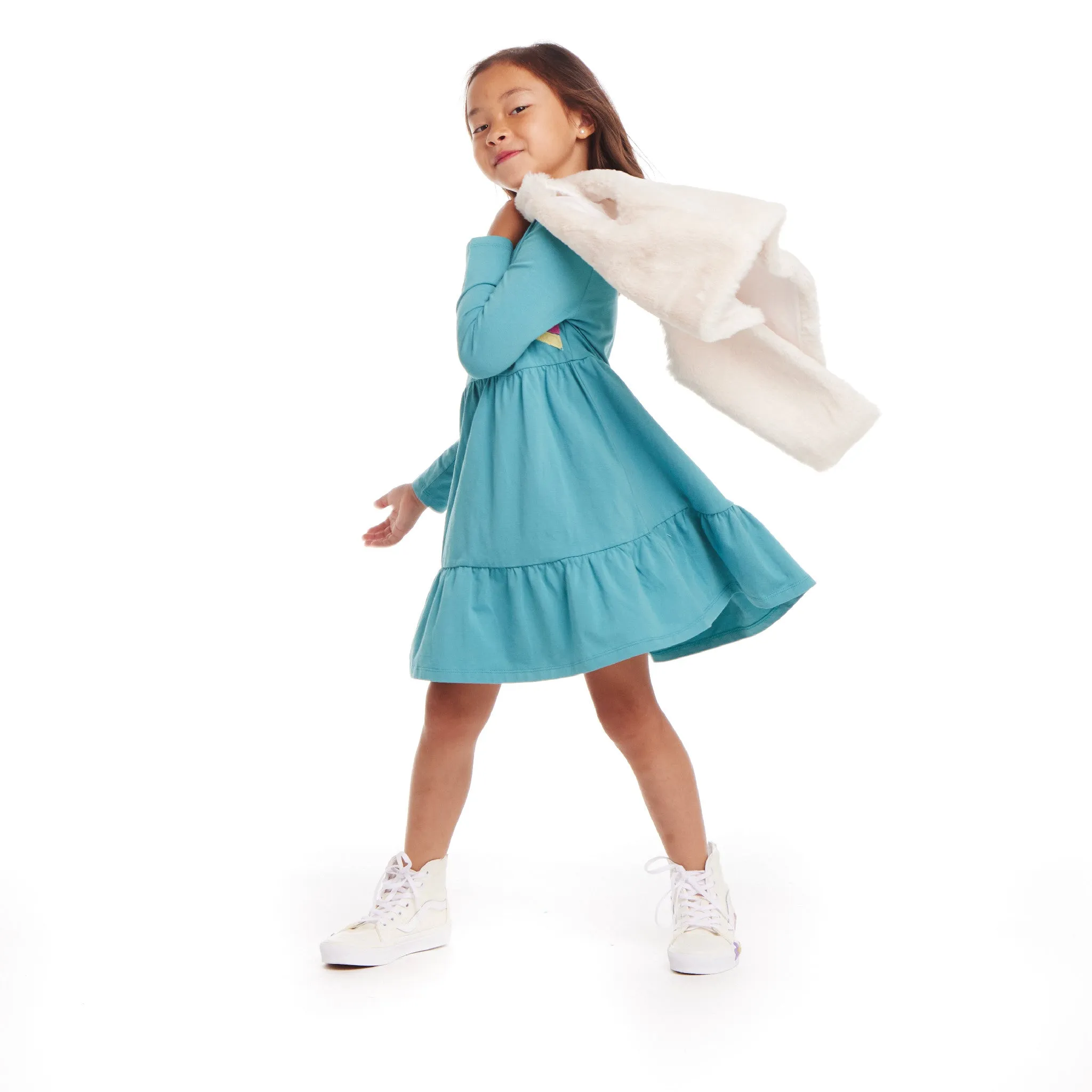 Kids Teal Jersey Dress & Faux Fur Vest Set | Rainbow Graphic