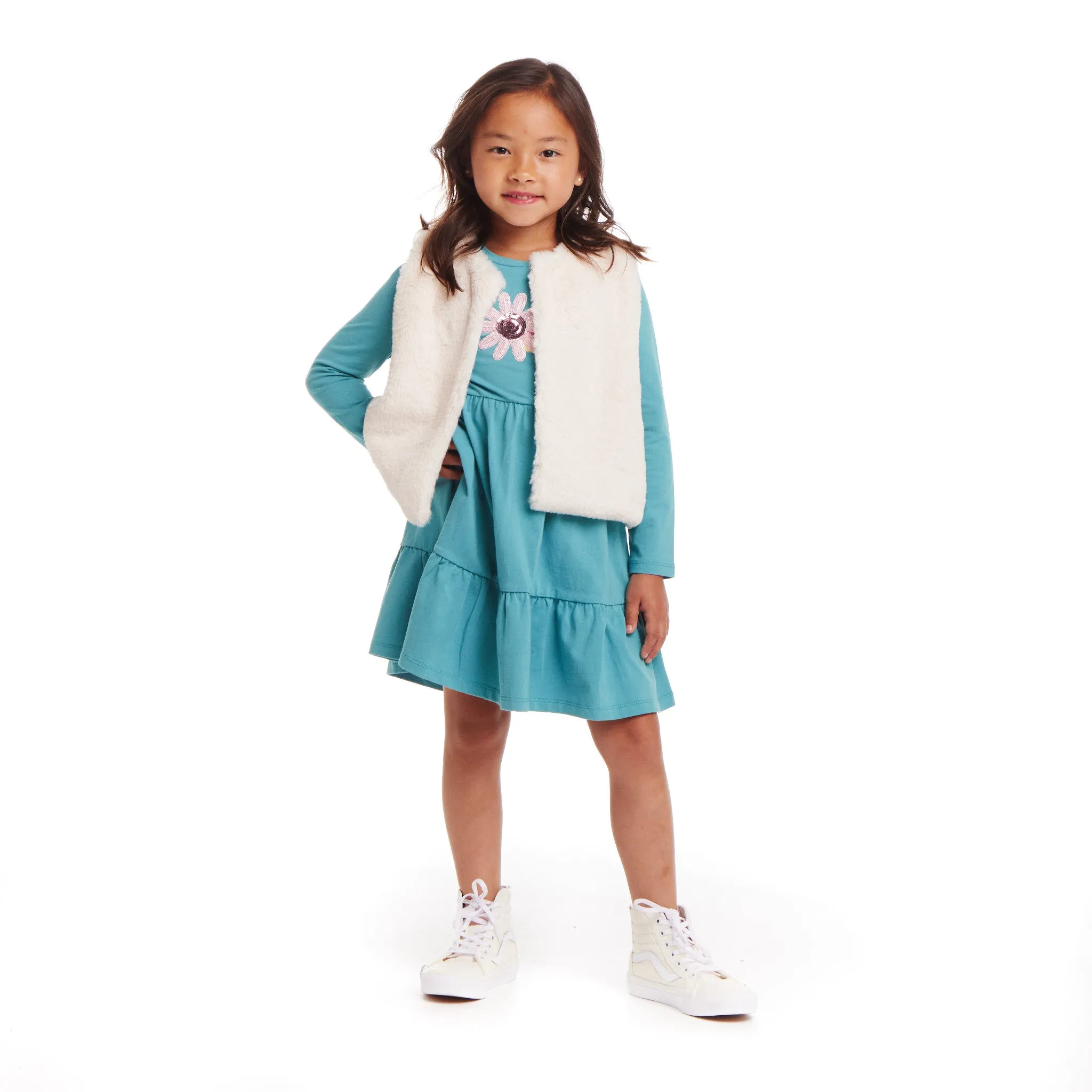 Kids Teal Jersey Dress & Faux Fur Vest Set | Rainbow Graphic