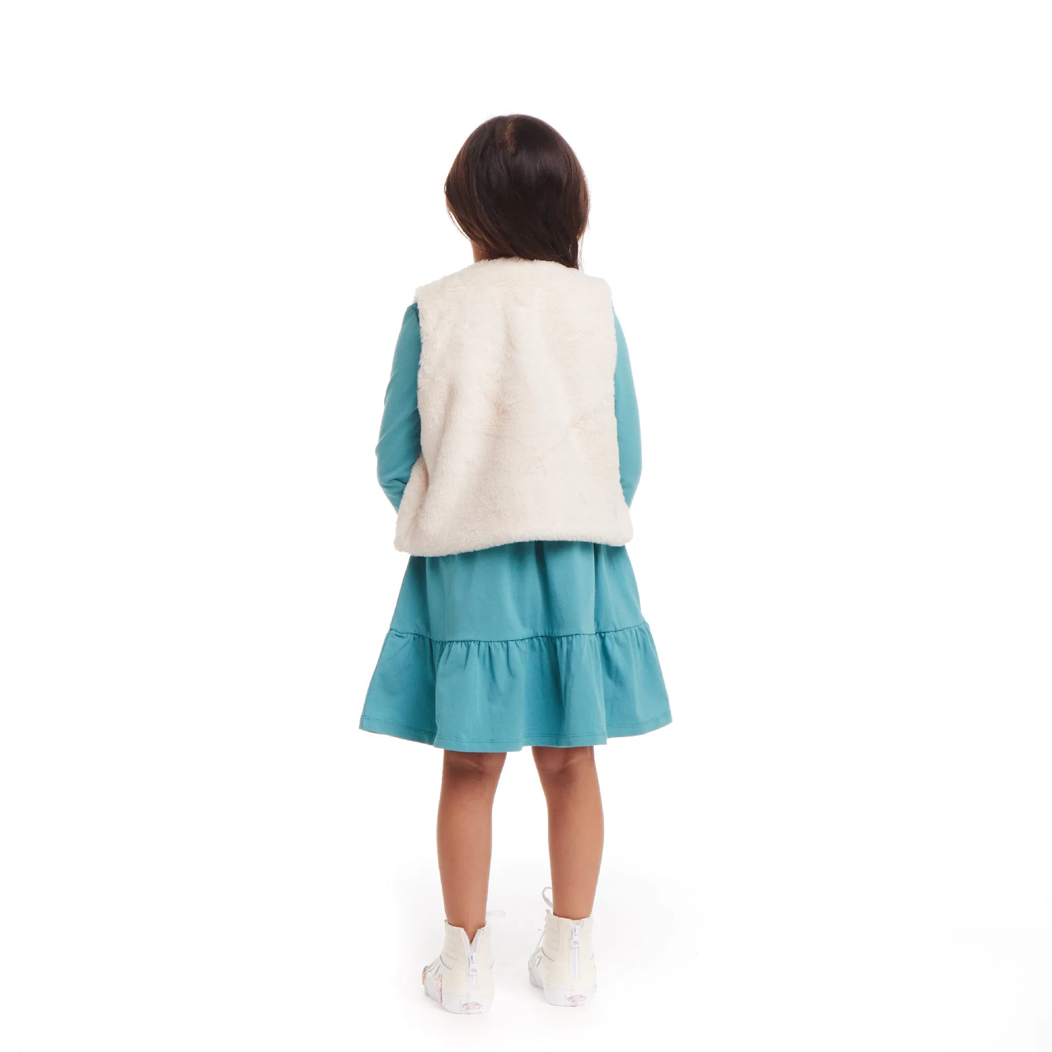 Kids Teal Jersey Dress & Faux Fur Vest Set | Rainbow Graphic