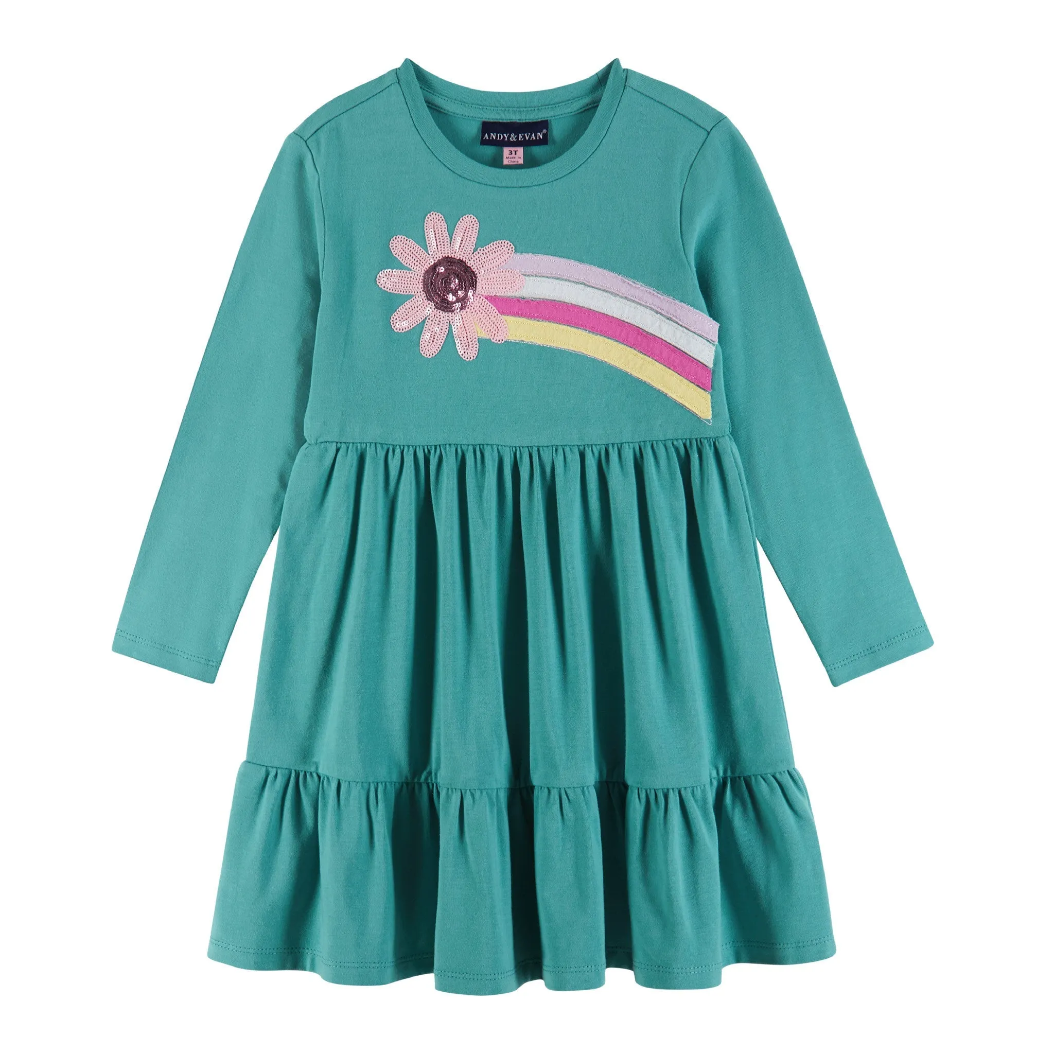 Kids Teal Jersey Dress & Faux Fur Vest Set | Rainbow Graphic