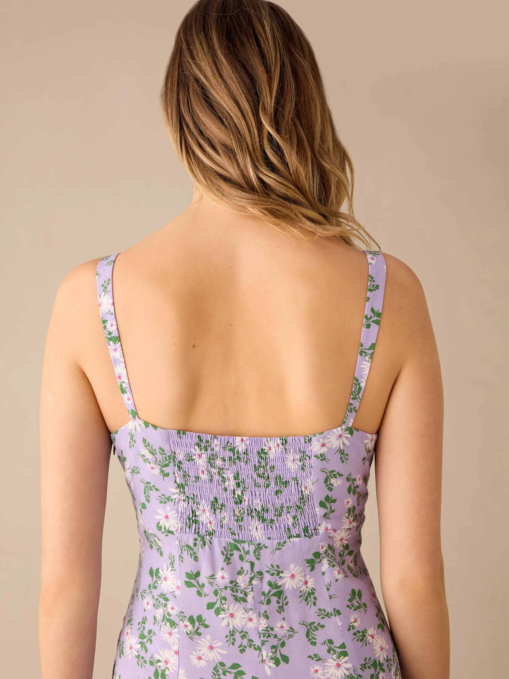 Lilac Daisy Print Strappy Button Through Dress