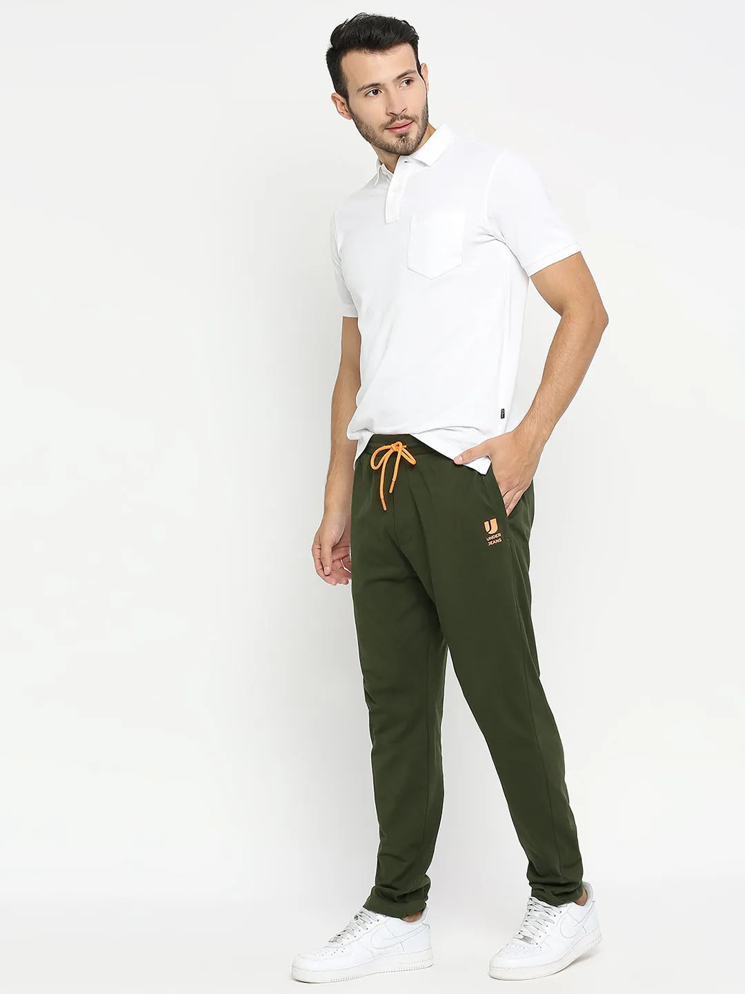 Men Premium Knitted Olive Cotton Trackpant - Underjeans By Spykar