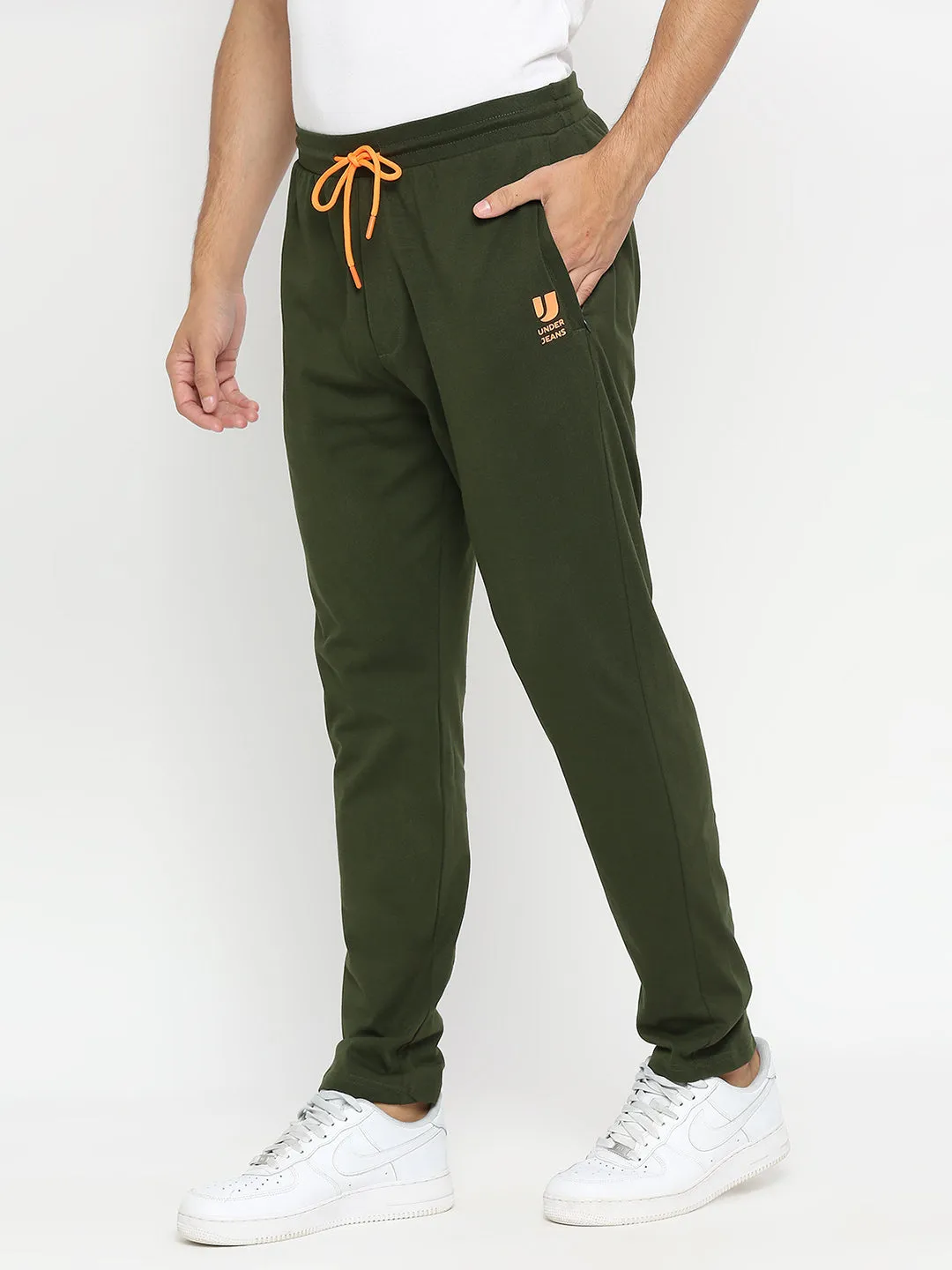 Men Premium Knitted Olive Cotton Trackpant - Underjeans By Spykar