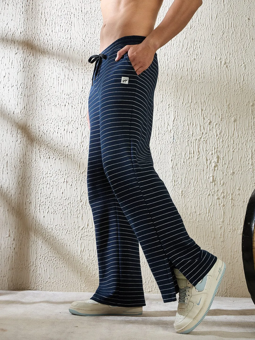 Navy Pinstriped Boot Cut Trackpants