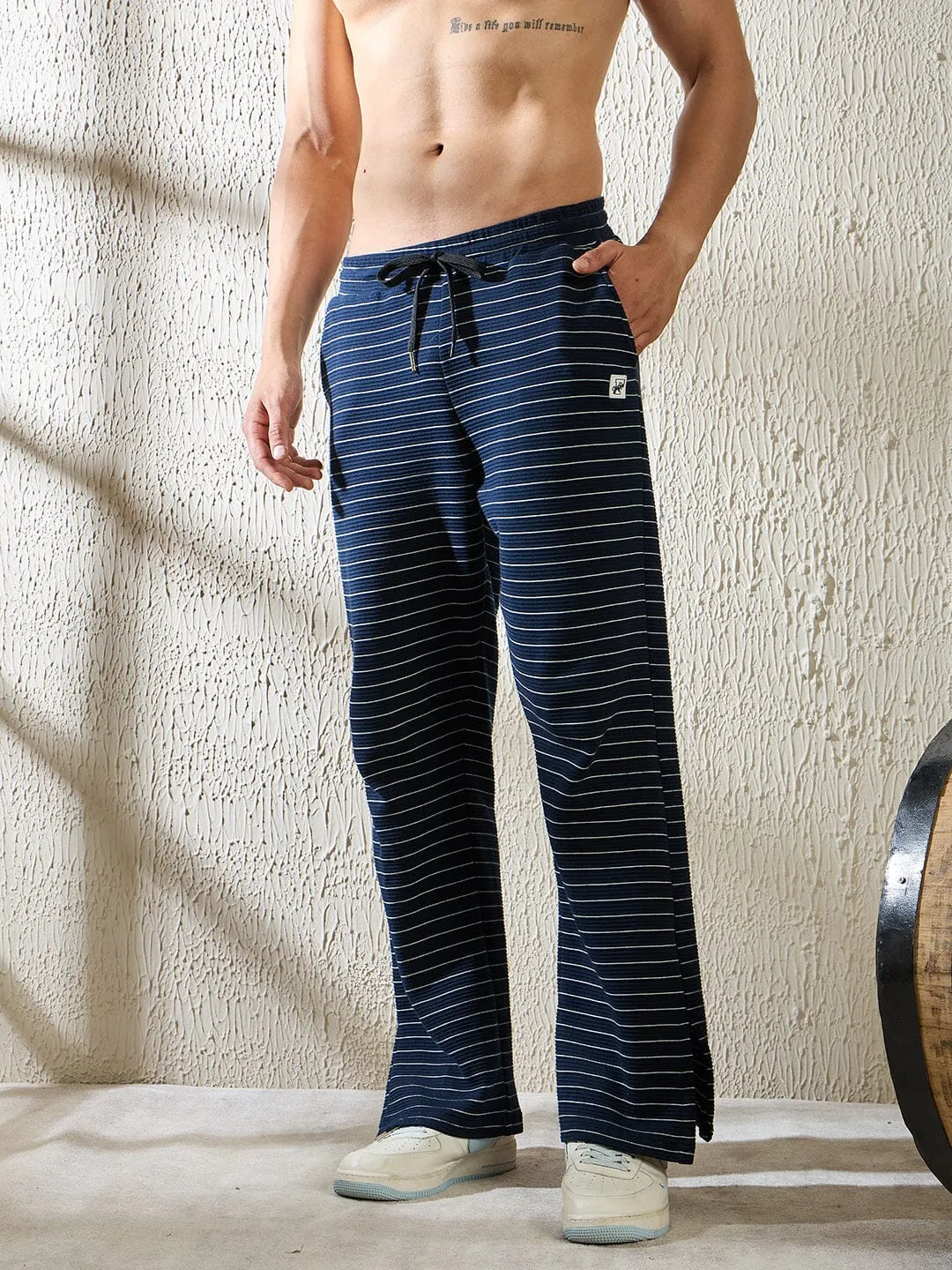 Navy Pinstriped Boot Cut Trackpants