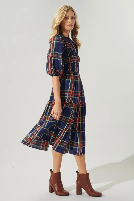 Navy-Plaid Lakeview Plaid Smocked Tiered Midi Dress