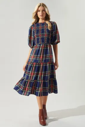 Navy-Plaid Lakeview Plaid Smocked Tiered Midi Dress