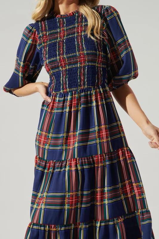 Navy-Plaid Lakeview Plaid Smocked Tiered Midi Dress