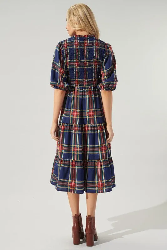 Navy-Plaid Lakeview Plaid Smocked Tiered Midi Dress