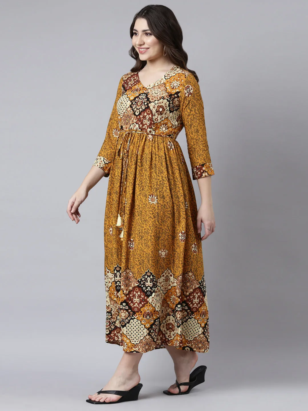 Neerus Mustard Straight Casual Floral Maxi Dresses