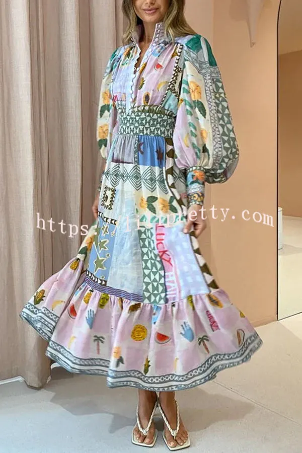 Playfully Chic Unique Print Balloon Sleeve Smocked Waist Shirt Midi Dress