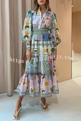 Playfully Chic Unique Print Balloon Sleeve Smocked Waist Shirt Midi Dress