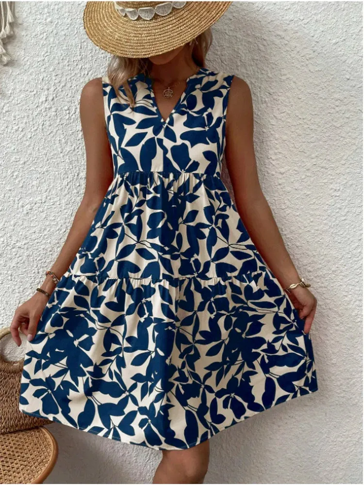 Print Women V Neck Chic Elegant Woman  Beach Knee-length Midi Dresses