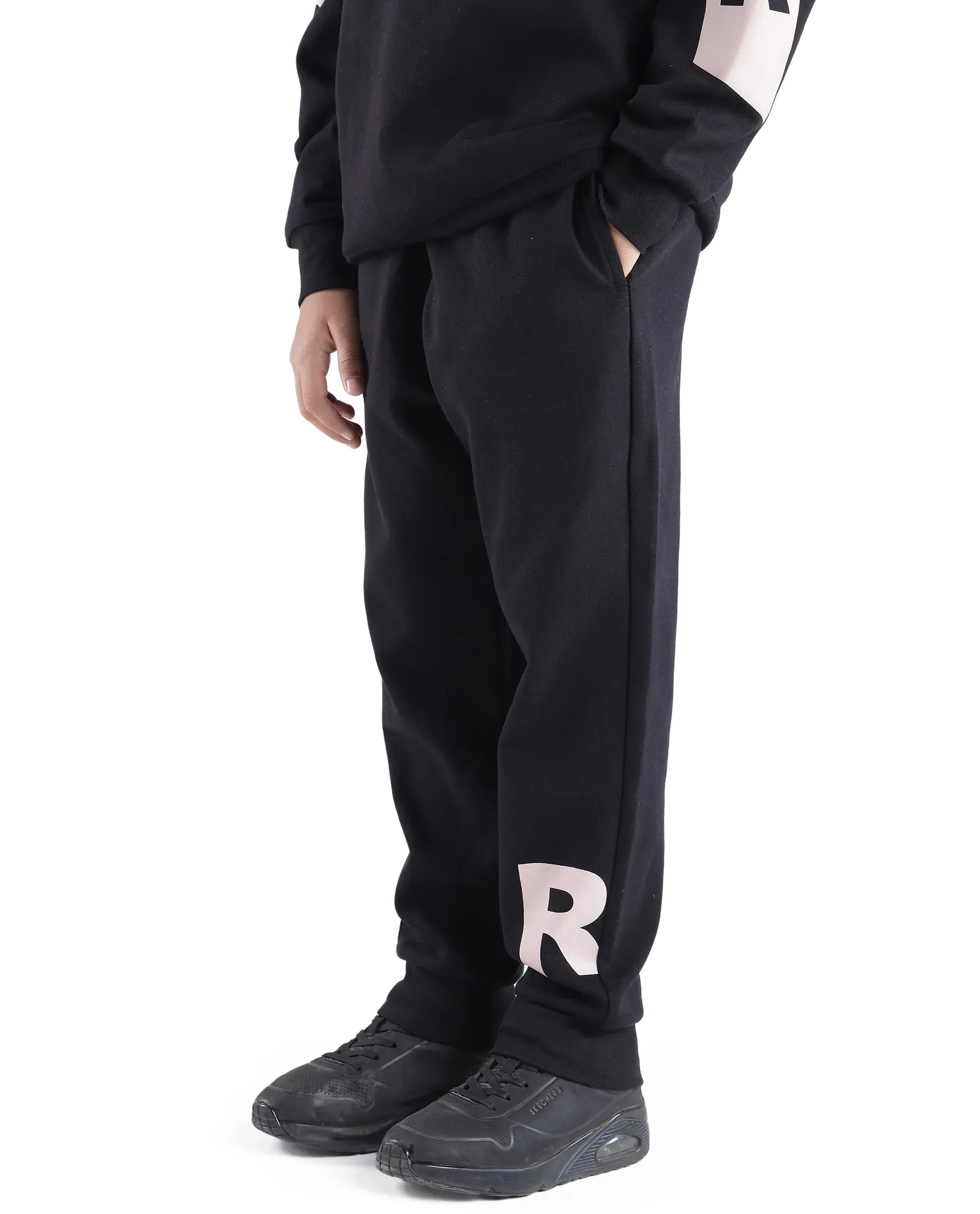 Rare Ones Kids Sero Black Cotton Poly Drawstring Printed Trackpant