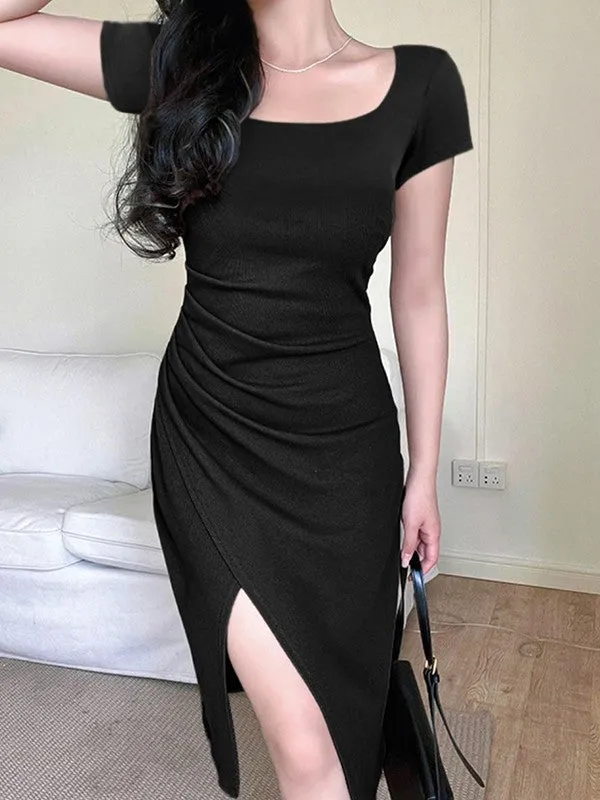 Ribbed Short Sleeve Slit Maxi Dress