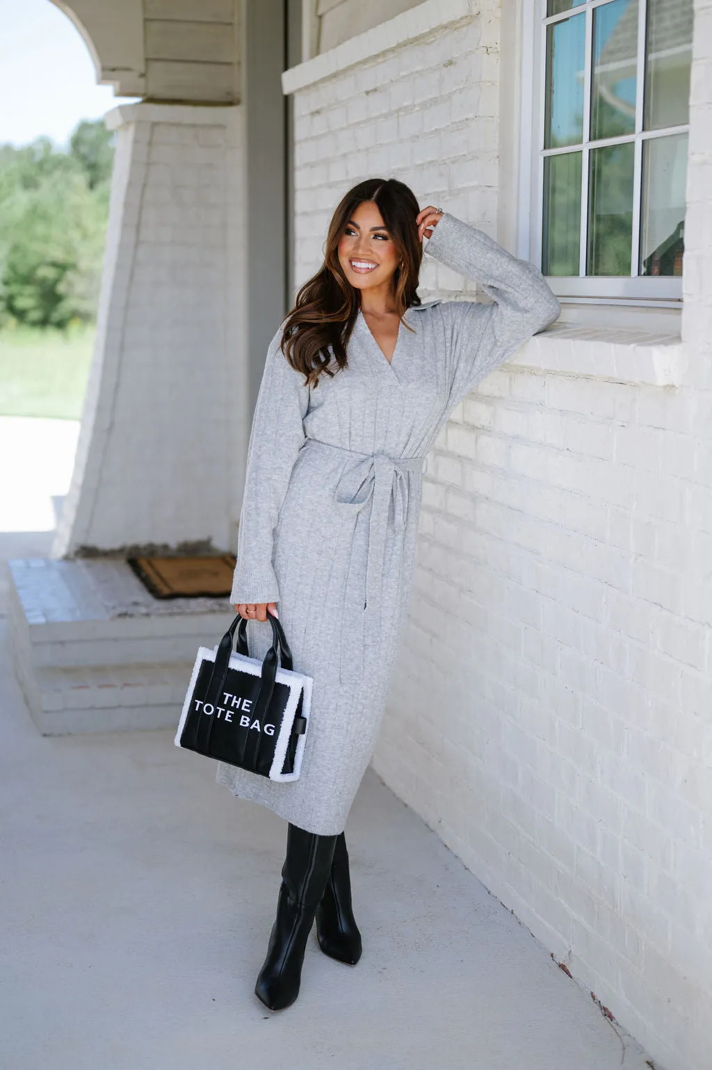 Ribbed Waist Tie Sweater Dress-Heather Grey