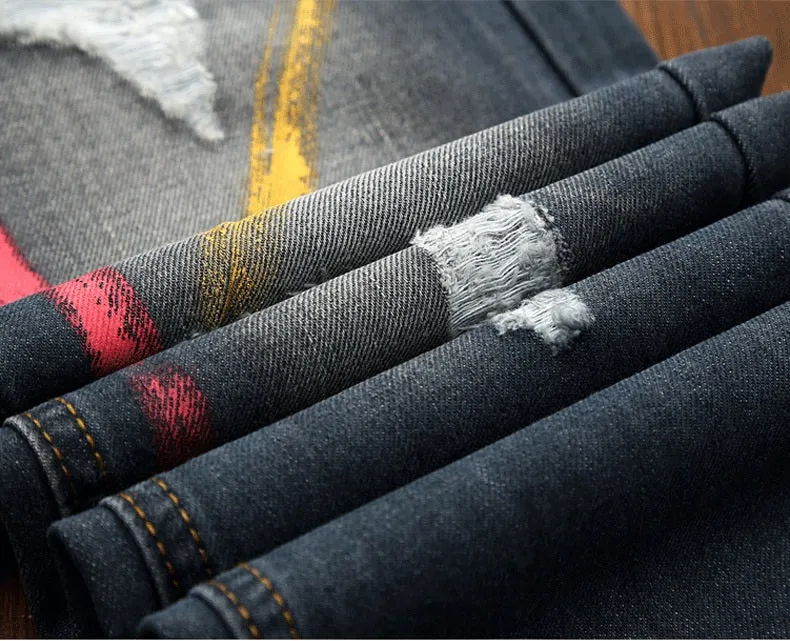 Ripped Jeans with Paint Details Men Straight Cut Jeans