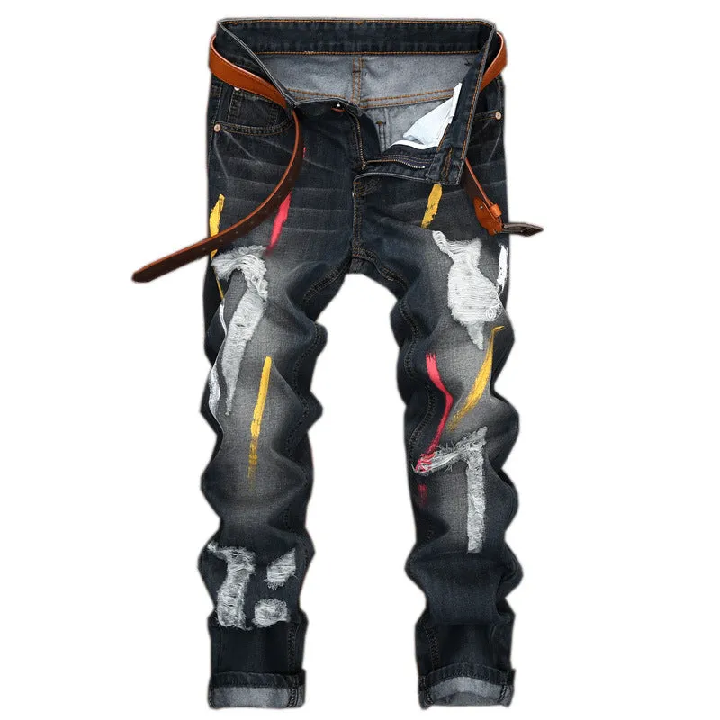 Ripped Jeans with Paint Details Men Straight Cut Jeans