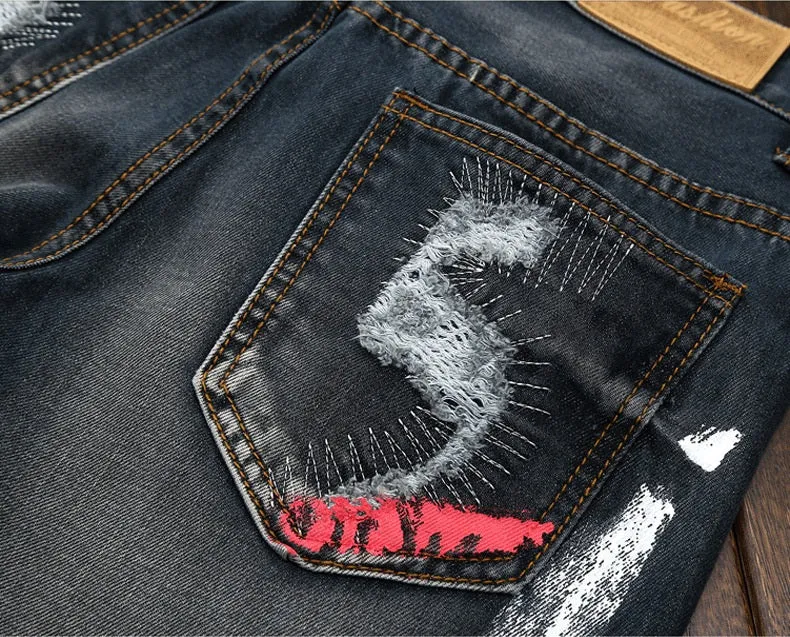 Ripped Jeans with Paint Details Men Straight Cut Jeans