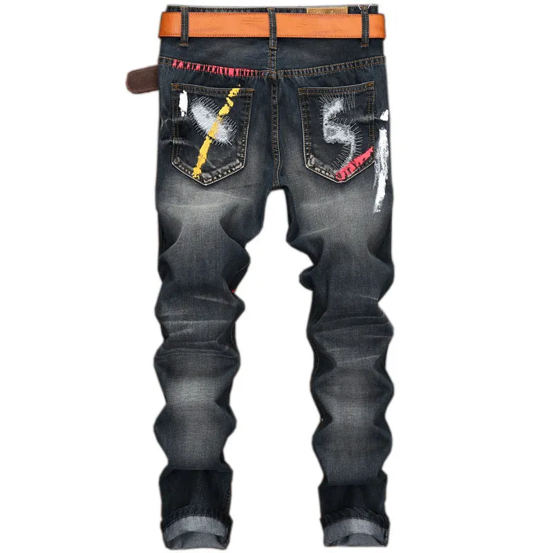 Ripped Jeans with Paint Details Men Straight Cut Jeans