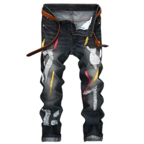 Ripped Jeans with Paint Details Men Straight Cut Jeans