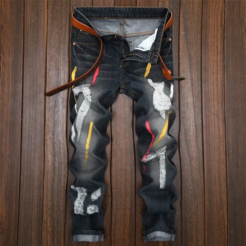 Ripped Jeans with Paint Details Men Straight Cut Jeans