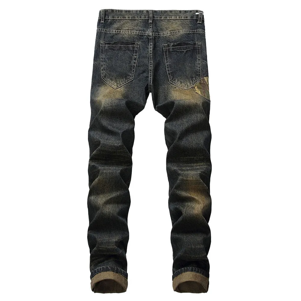 Ripped Patches Denim with Colour Shade Combination Men Jeans