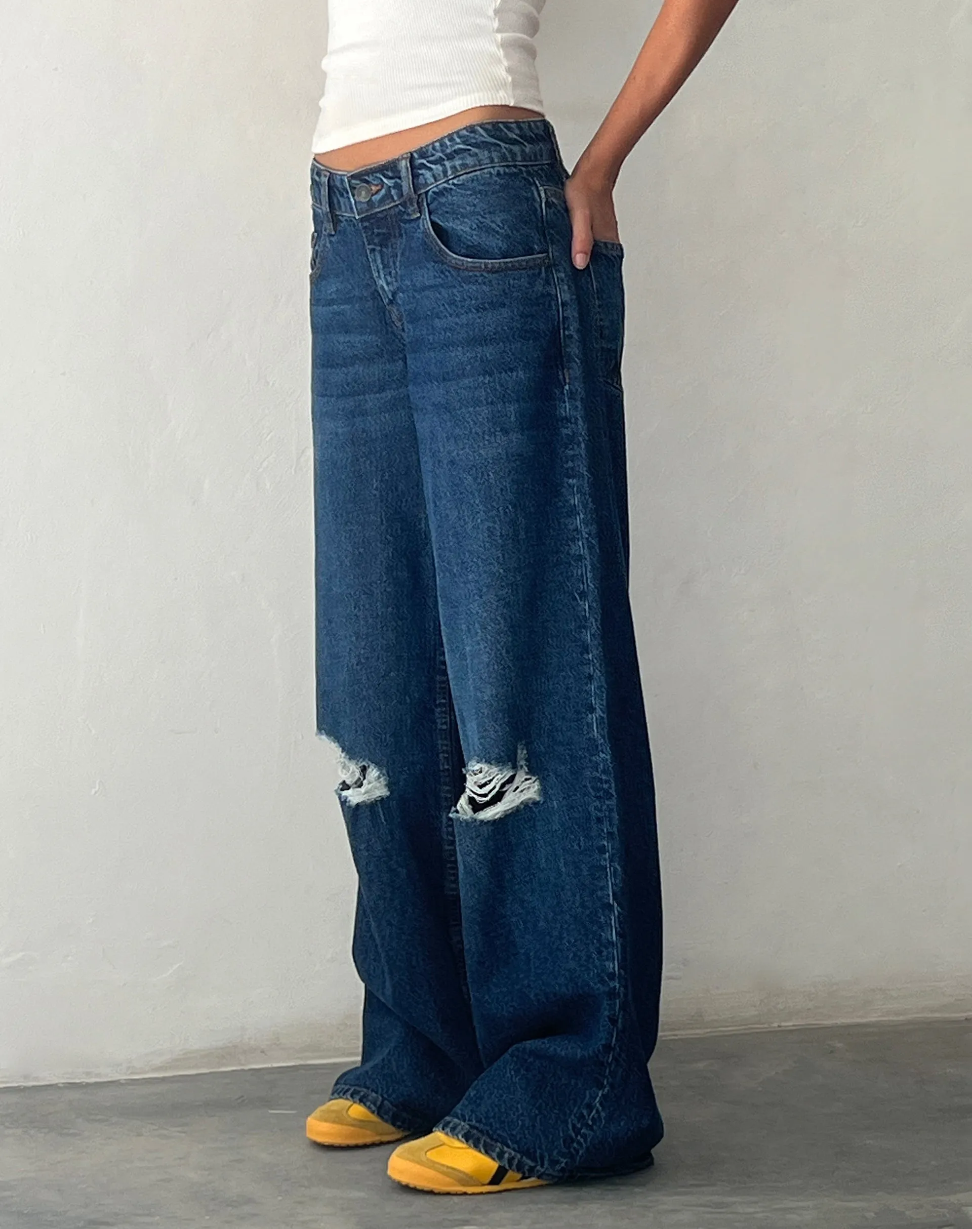 Ripped Roomy Extra Wide Low Rise Jean in Mid Blue Used