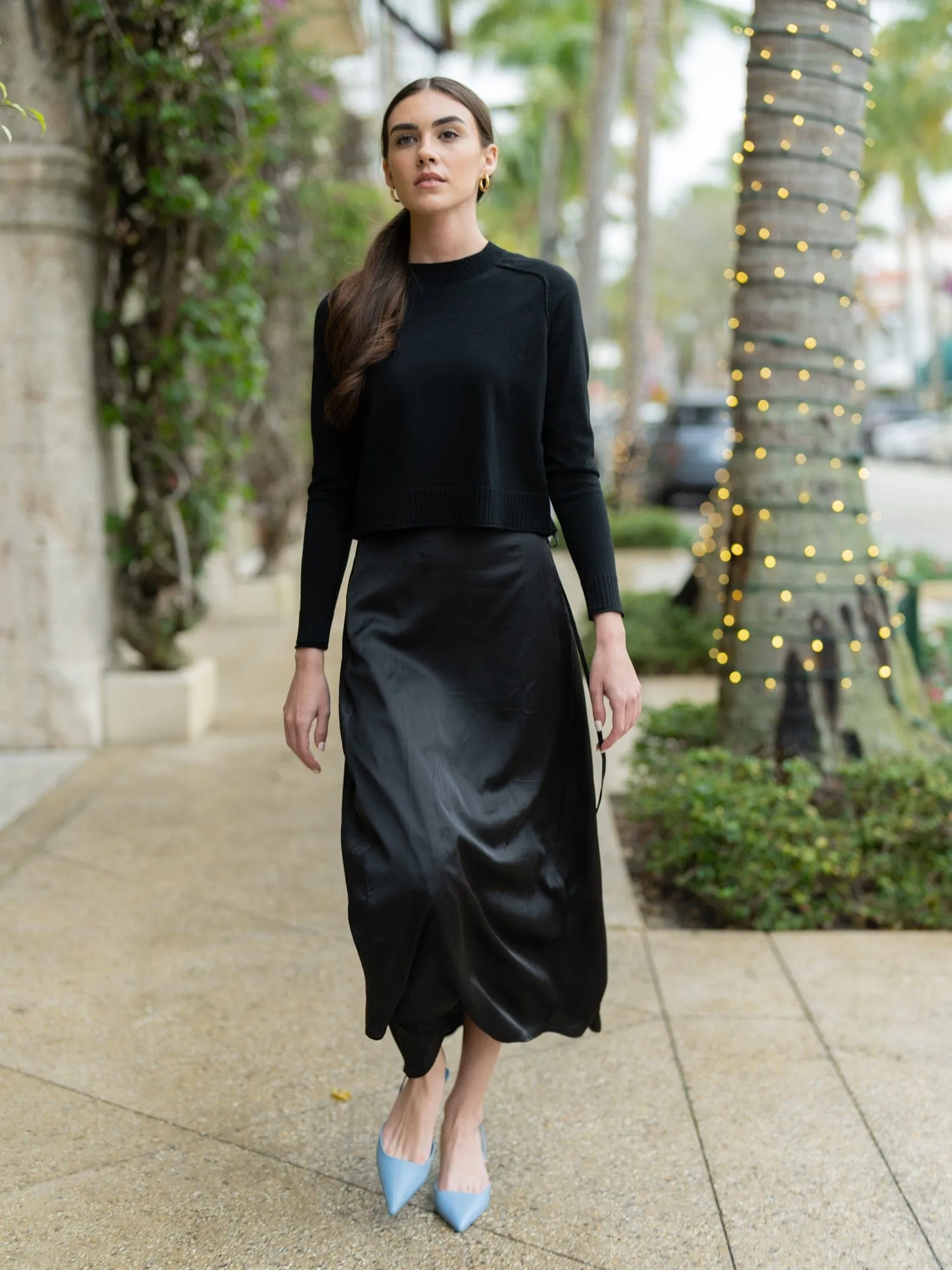 SATIN WRAP SKIRT-BLACK