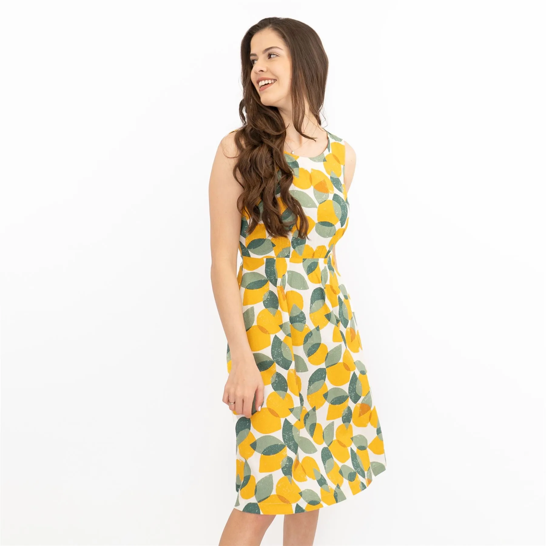 Seasalt Quick Sketch Lemon Lime Sleeveless Fit & Flare Dresses with Pockets (PETITE)