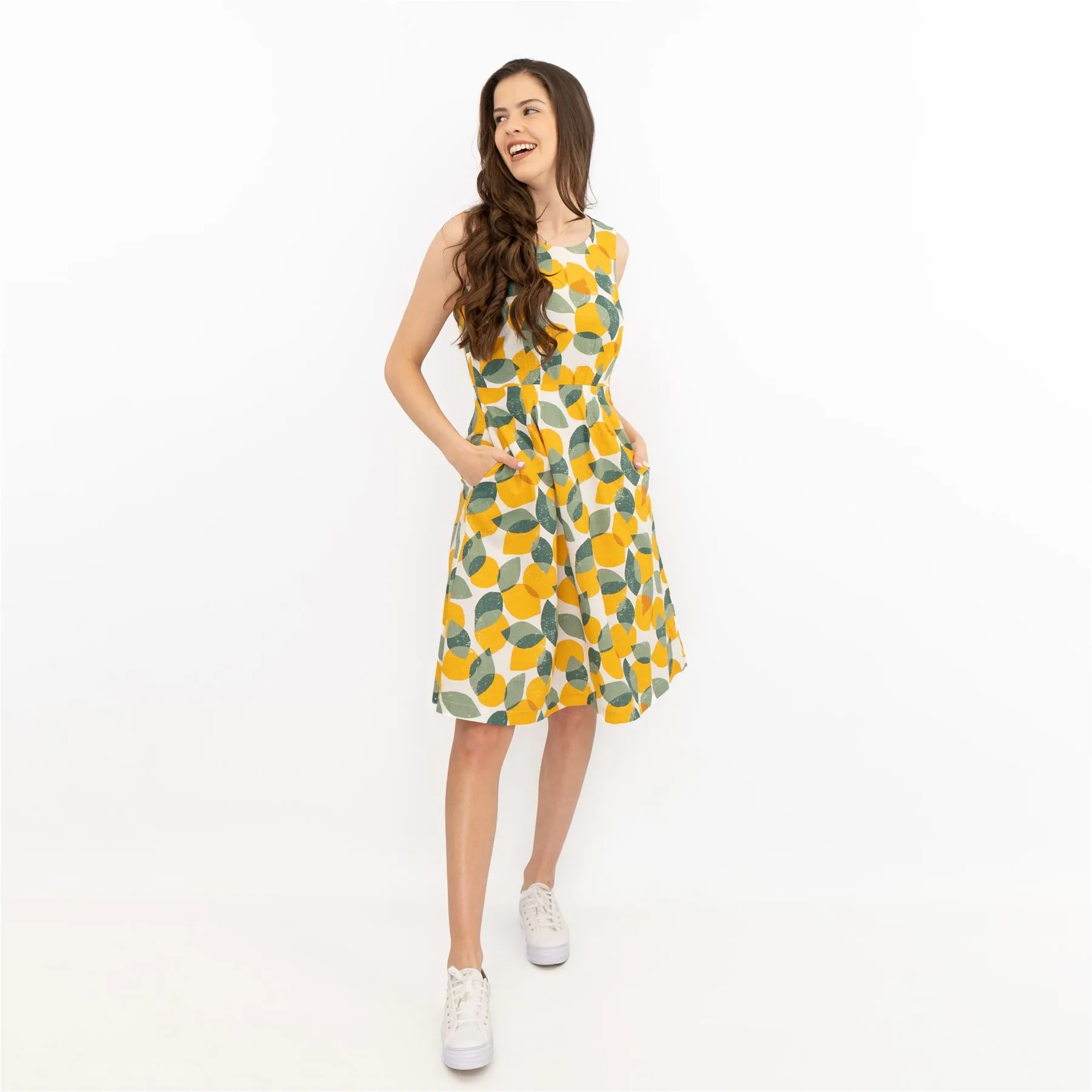 Seasalt Quick Sketch Lemon Lime Sleeveless Fit & Flare Dresses with Pockets (PETITE)