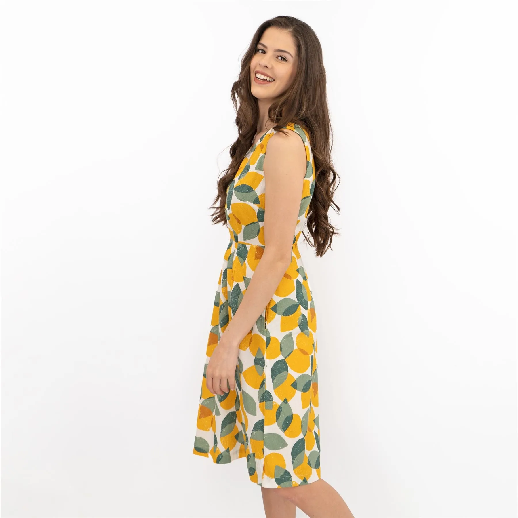 Seasalt Quick Sketch Lemon Lime Sleeveless Fit & Flare Dresses with Pockets (PETITE)